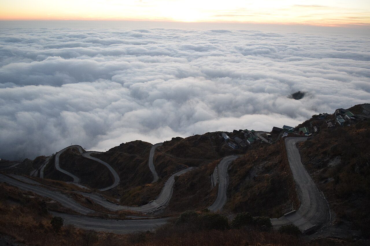 A winding road through the hills at Zuluk, Sikkim